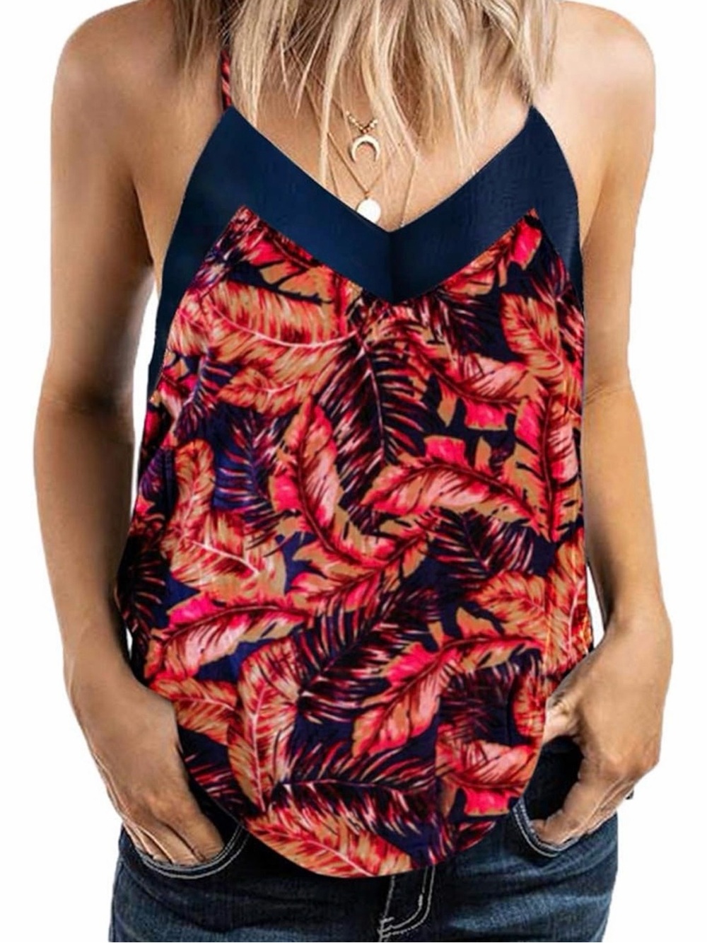 Women’s Tropical Print V-Neck Cami Tank Top - Navy & Coral